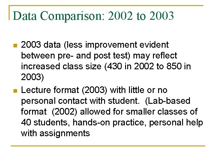 Data Comparison: 2002 to 2003 n n 2003 data (less improvement evident between pre- Data Comparison: 2002 to 2003 n n 2003 data (less improvement evident between pre-