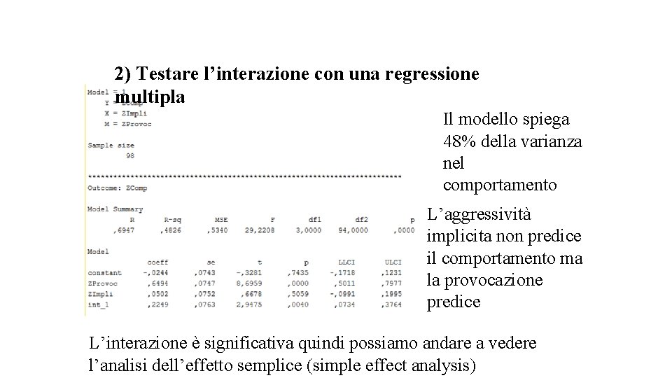 2) Testare l’interazione con una regressione multipla Il modello spiega 48% della varianza nel