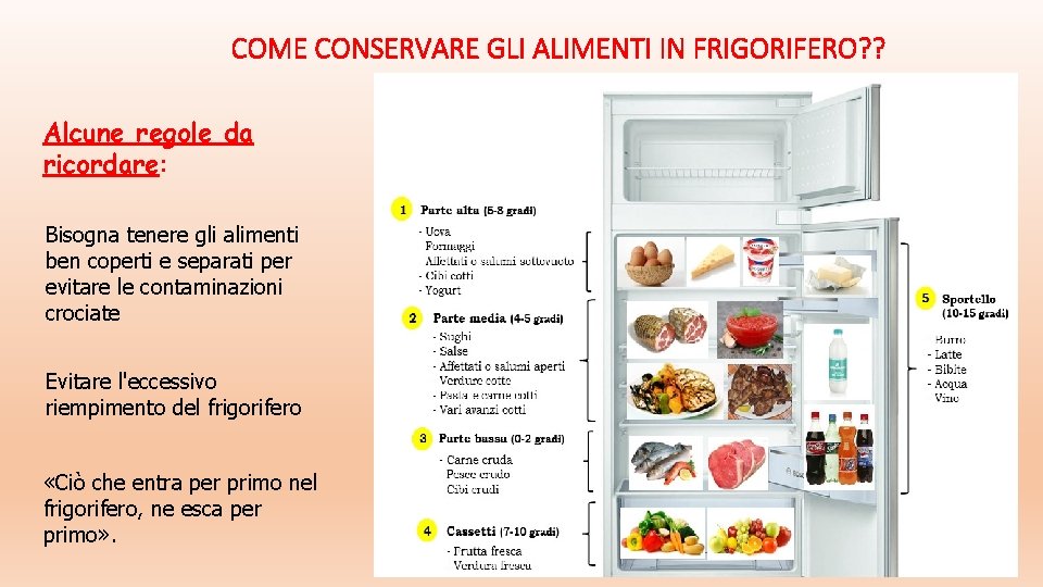 COME CONSERVARE GLI ALIMENTI IN FRIGORIFERO? ? Alcune regole da ricordare: Bisogna tenere gli