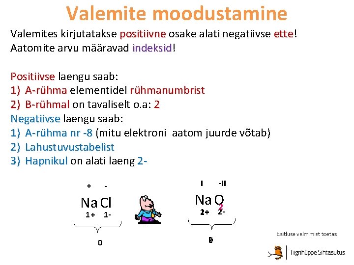 Valemite moodustamine Valemites kirjutatakse positiivne osake alati negatiivse ette! ette Aatomite arvu määravad indeksid!