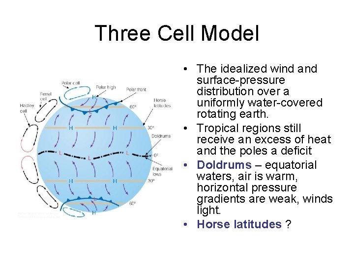 Three Cell Model • The idealized wind and surface-pressure distribution over a uniformly water-covered