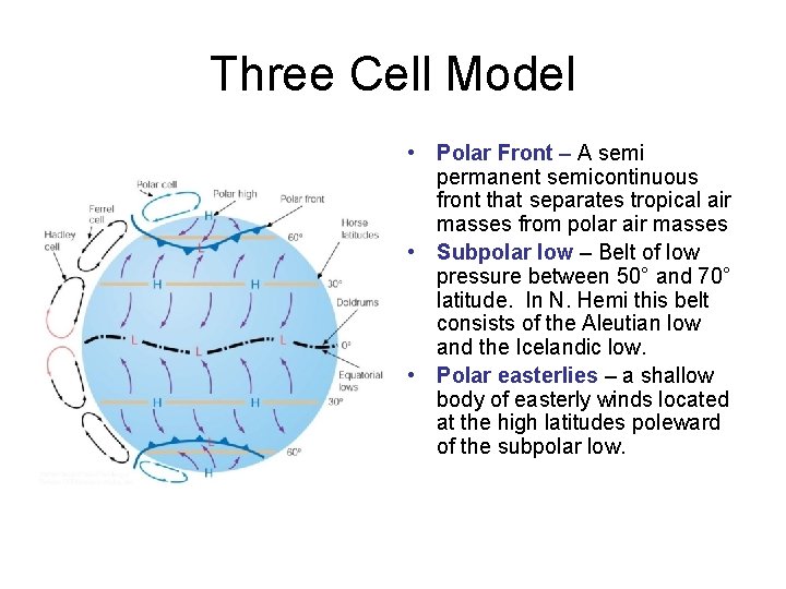 Three Cell Model • Polar Front – A semi permanent semicontinuous front that separates