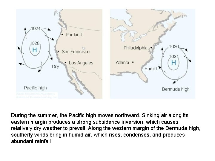 During the summer, the Pacific high moves northward. Sinking air along its eastern margin