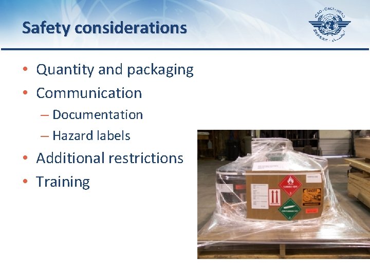 Safety considerations • Quantity and packaging • Communication – Documentation – Hazard labels •