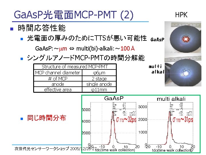 Ga. As. P光電面MCP-PMT (2) n HPK 時間応答性能 光電面の厚みのためにTTSが悪い可能性 Ga. As. P: ～mm ⇔ multi(bi)-alkali: