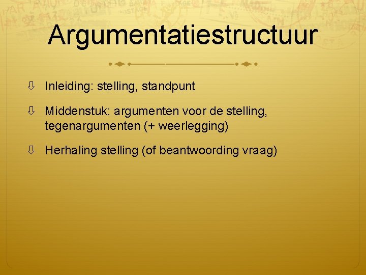 Argumentatiestructuur Inleiding: stelling, standpunt Middenstuk: argumenten voor de stelling, tegenargumenten (+ weerlegging) Herhaling stelling