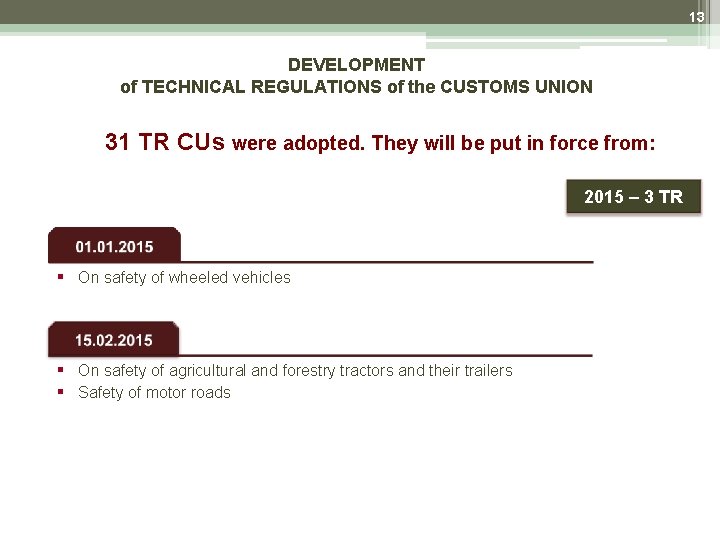13 DEVELOPMENT of TECHNICAL REGULATIONS of the CUSTOMS UNION 31 TR CUs were adopted. 13 DEVELOPMENT of TECHNICAL REGULATIONS of the CUSTOMS UNION 31 TR CUs were adopted.
