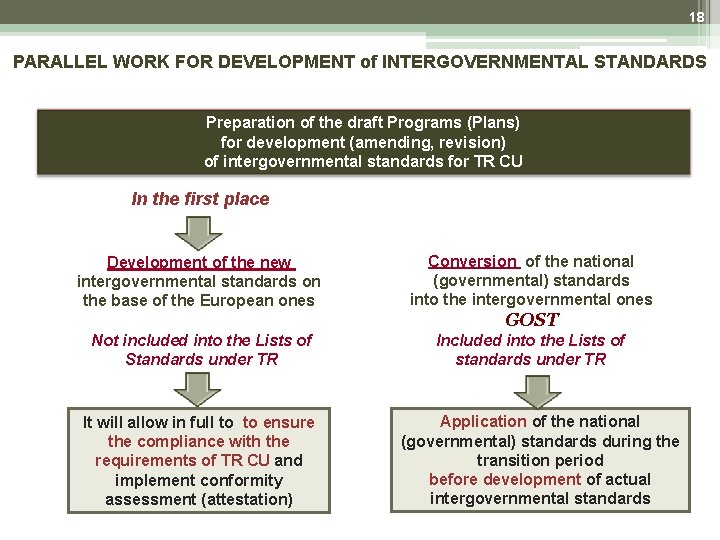 18 PARALLEL WORK FOR DEVELOPMENT of INTERGOVERNMENTAL STANDARDS Preparation of the draft Programs (Plans) 18 PARALLEL WORK FOR DEVELOPMENT of INTERGOVERNMENTAL STANDARDS Preparation of the draft Programs (Plans)