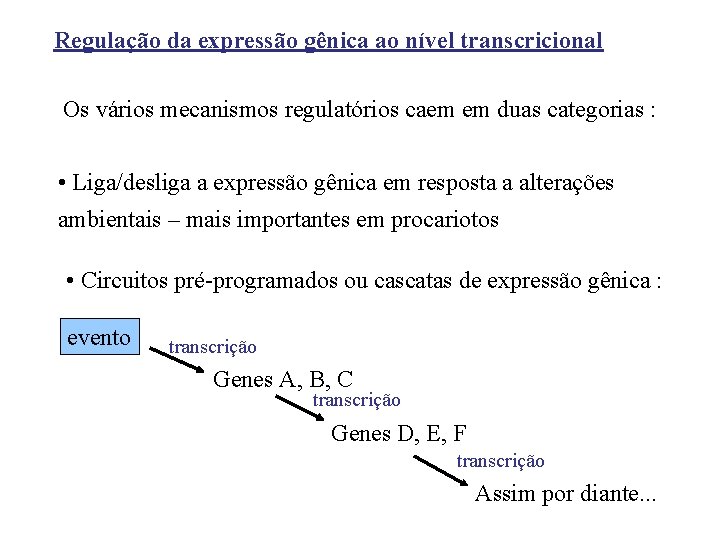 Regulação da expressão gênica ao nível transcricional Os vários mecanismos regulatórios caem em duas