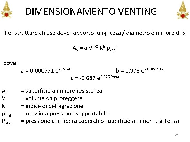 DIMENSIONAMENTO VENTING Per strutture chiuse dove rapporto lunghezza / diametro è minore di 5