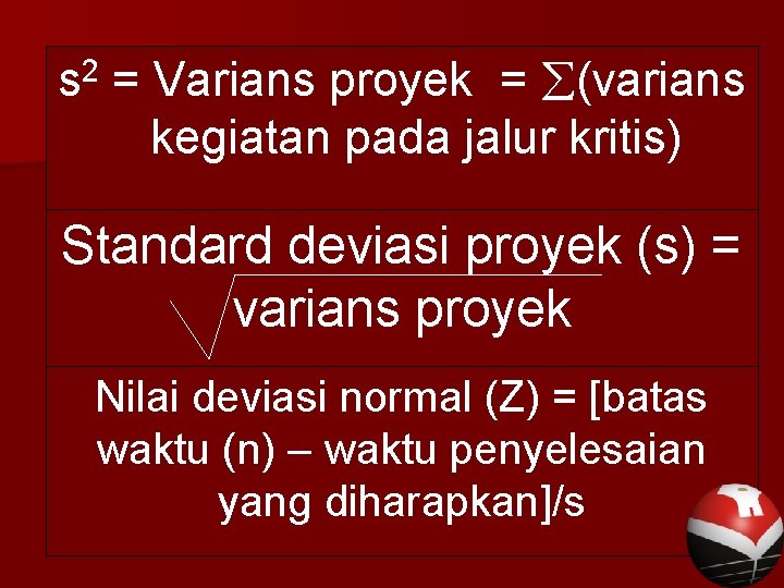 2 s = Varians proyek = (varians kegiatan pada jalur kritis) Standard deviasi proyek