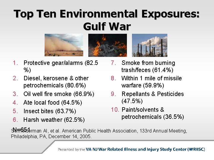 Top Ten Environmental Exposures: Gulf War 1. Protective gear/alarms (82. 5 %) 2. Diesel,