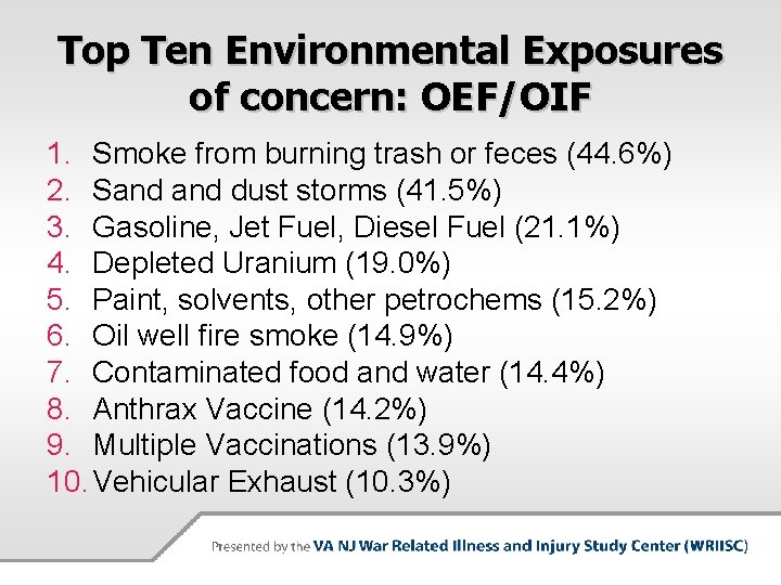 Top Ten Environmental Exposures of concern: OEF/OIF 1. Smoke from burning trash or feces