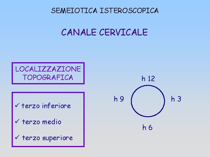 SEMEIOTICA ISTEROSCOPICA CANALE CERVICALE LOCALIZZAZIONE TOPOGRAFICA ü terzo inferiore ü terzo medio ü terzo