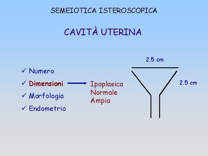 SEMEIOTICA ISTEROSCOPICA CAVITÀ UTERINA 2. 5 cm ü Numero ü Dimensioni ü Morfologia ü