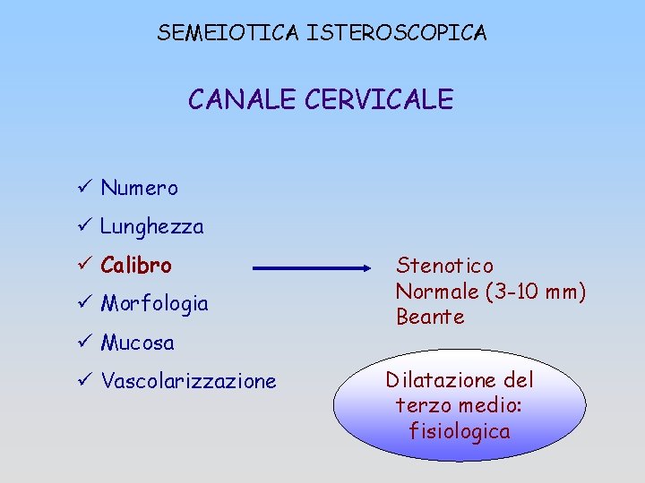 SEMEIOTICA ISTEROSCOPICA CANALE CERVICALE ü Numero ü Lunghezza ü Calibro ü Morfologia ü Mucosa
