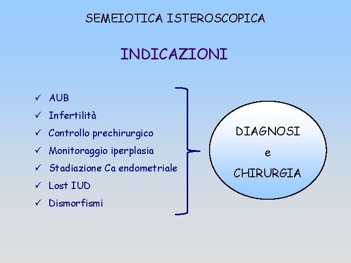 SEMEIOTICA ISTEROSCOPICA INDICAZIONI ü AUB ü Infertilità ü Controllo prechirurgico DIAGNOSI ü Monitoraggio iperplasia