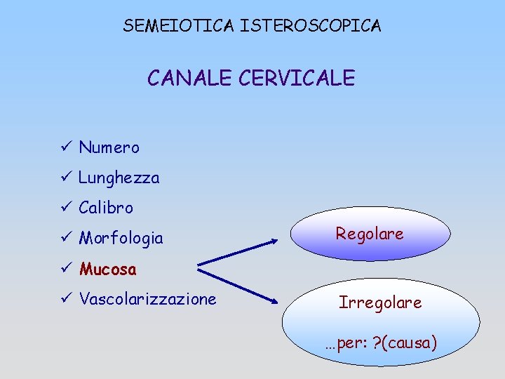 SEMEIOTICA ISTEROSCOPICA CANALE CERVICALE ü Numero ü Lunghezza ü Calibro ü Morfologia Regolare ü