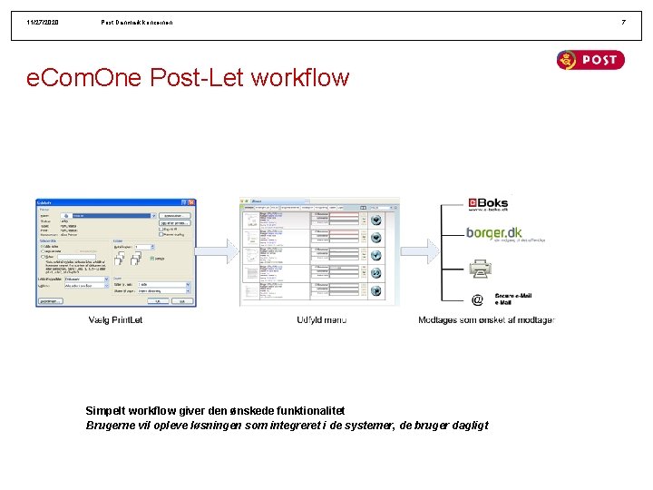 11/27/2020 Post Danmark koncernen e. Com. One Post-Let workflow Simpelt workflow giver den ønskede