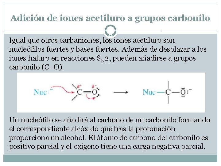 Adición de iones acetiluro a grupos carbonilo Igual que otros carbaniones, los iones acetiluro Adición de iones acetiluro a grupos carbonilo Igual que otros carbaniones, los iones acetiluro