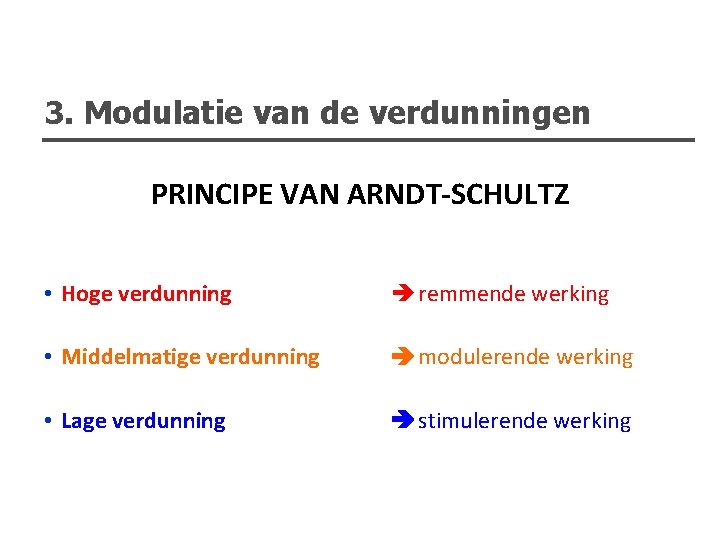 3. Modulatie van de verdunningen PRINCIPE VAN ARNDT-SCHULTZ • Hoge verdunning remmende werking •