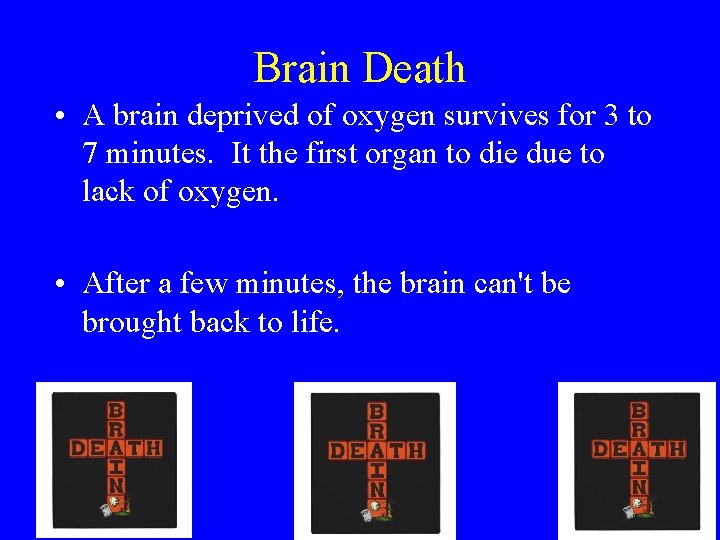 Brain Death • A brain deprived of oxygen survives for 3 to 7 minutes. Brain Death • A brain deprived of oxygen survives for 3 to 7 minutes.