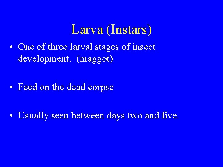 Larva (Instars) • One of three larval stages of insect development. (maggot) • Feed Larva (Instars) • One of three larval stages of insect development. (maggot) • Feed