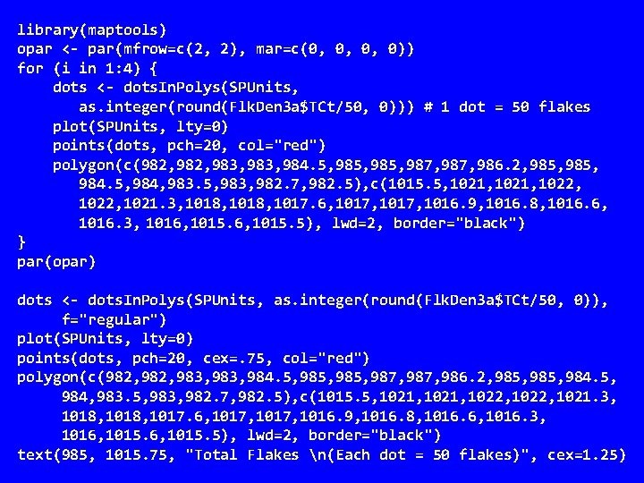 library(maptools) opar <- par(mfrow=c(2, 2), mar=c(0, 0, 0, 0)) for (i in 1: 4)