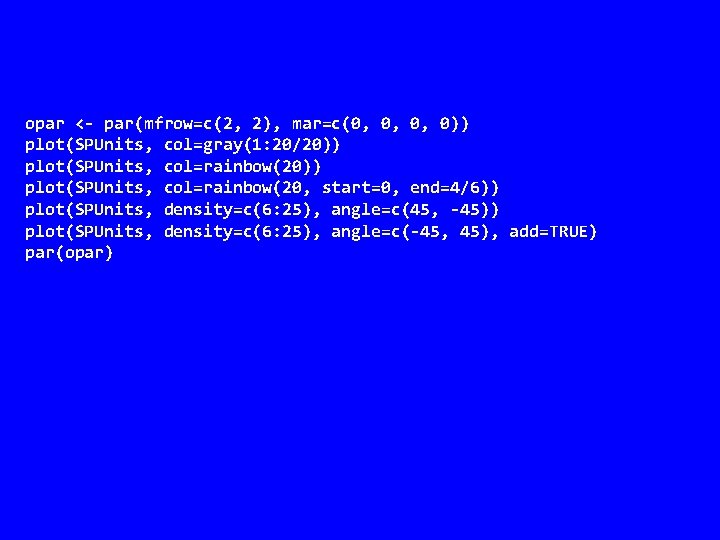 opar <- par(mfrow=c(2, 2), mar=c(0, 0, 0, 0)) plot(SPUnits, col=gray(1: 20/20)) plot(SPUnits, col=rainbow(20, start=0,
