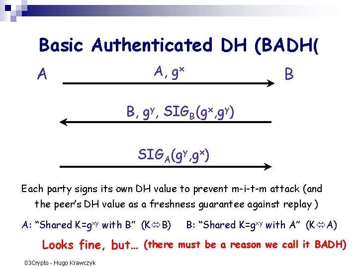 Basic Authenticated DH (BADH( A A, gx B B, gy, SIGB(gx, gy) SIGA(gy, gx) Basic Authenticated DH (BADH( A A, gx B B, gy, SIGB(gx, gy) SIGA(gy, gx)