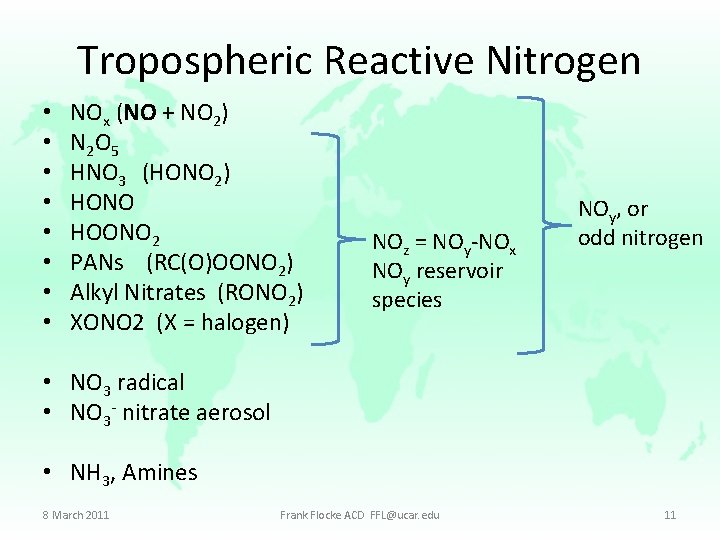 Tropospheric Reactive Nitrogen • • NOx (NO + NO 2) N 2 O 5