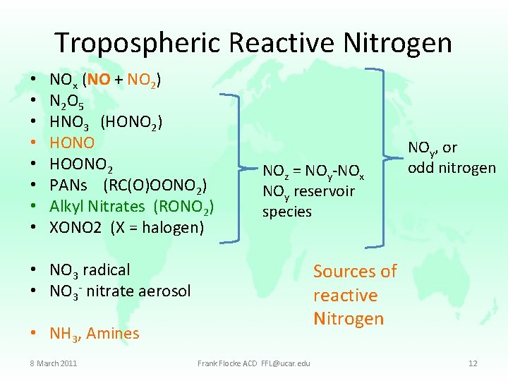Tropospheric Reactive Nitrogen • • NOx (NO + NO 2) N 2 O 5