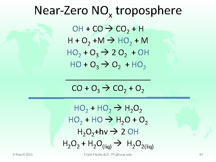 Near-Zero NOx troposphere OH + CO 2 + H H + O 2 +M