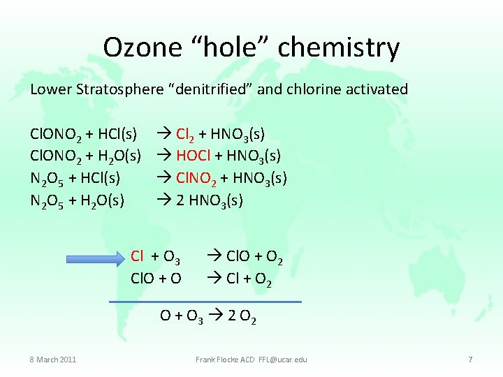 Ozone “hole” chemistry Lower Stratosphere “denitrified” and chlorine activated Cl. ONO 2 + HCl(s)