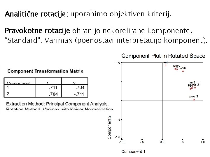 Analitične rotacije: uporabimo objektiven kriterij. Pravokotne rotacije ohranijo nekorelirane komponente. “Standard”: Varimax (poenostavi interpretacijo