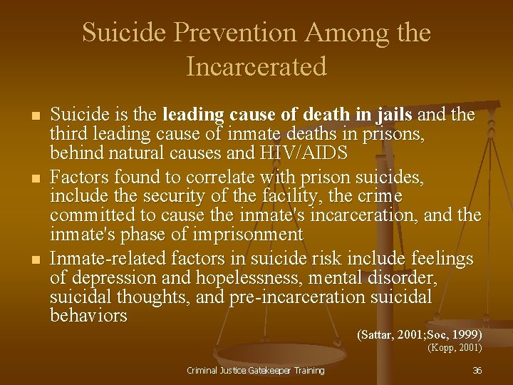 Suicide Prevention Among the Incarcerated n n n Suicide is the leading cause of