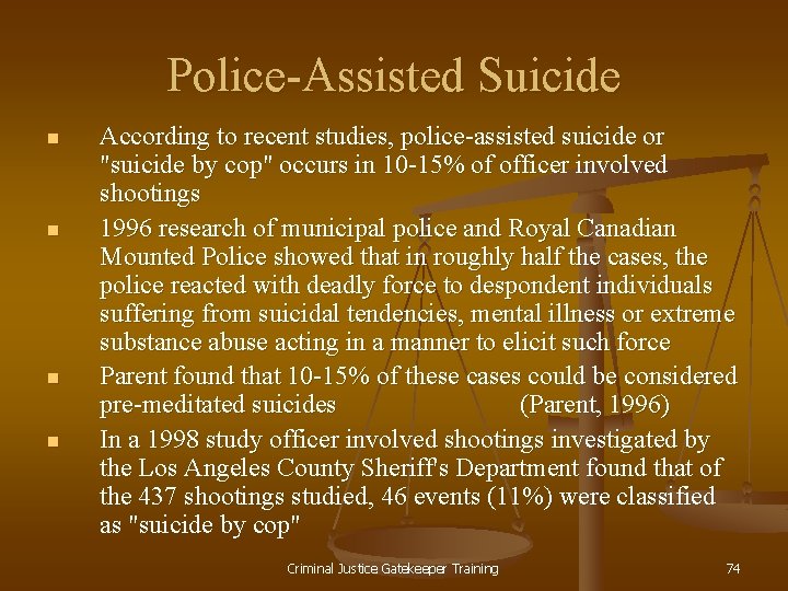 Police-Assisted Suicide n n According to recent studies, police-assisted suicide or "suicide by cop"