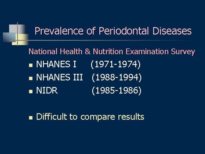 Prevalence of Periodontal Diseases National Health & Nutrition Examination Survey n NHANES I (1971