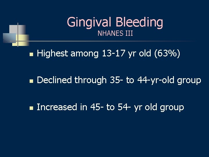 Gingival Bleeding NHANES III n Highest among 13 -17 yr old (63%) n Declined