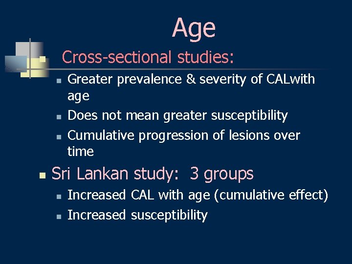 Age Cross-sectional studies: n n n Greater prevalence & severity of CALwith age Does