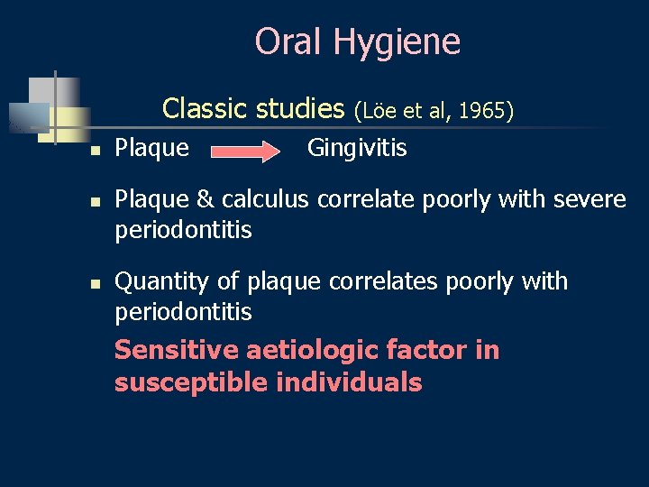 Oral Hygiene Classic studies n n n Plaque (Löe et al, 1965) Gingivitis Plaque