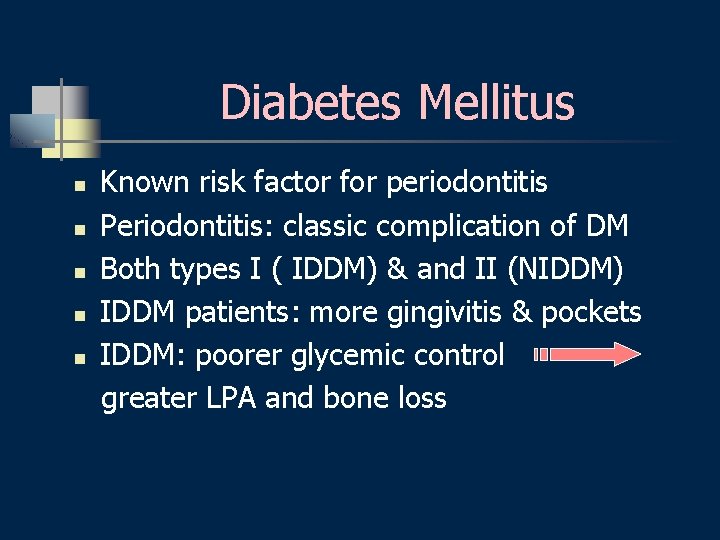 Diabetes Mellitus n n n Known risk factor for periodontitis Periodontitis: classic complication of