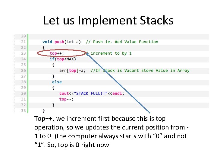 Let us Implement Stacks Top++, we increment first because this is top operation, so