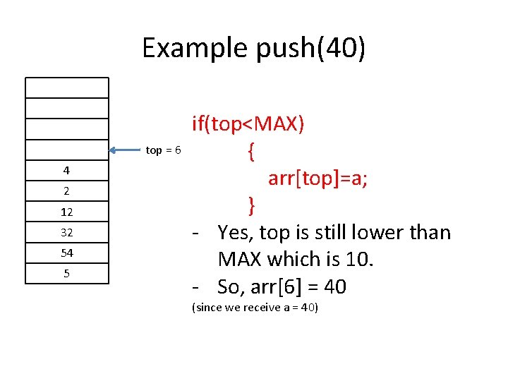 Example push(40) top = 6 4 2 12 32 54 5 if(top<MAX) { arr[top]=a;