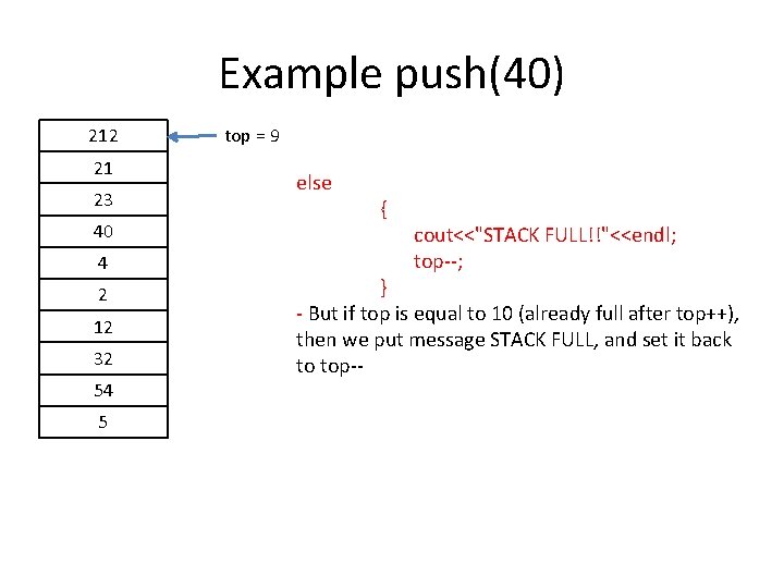 Example push(40) 212 21 23 40 4 2 12 32 54 5 top =
