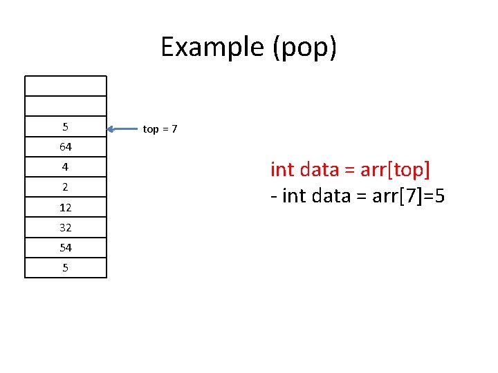 Example (pop) 5 top = 7 64 4 2 12 32 54 5 int