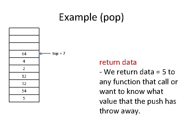 Example (pop) 64 4 2 12 32 54 5 top = 7 return data