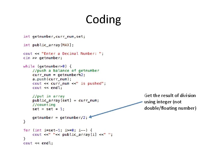 Coding Get the result of division using integer (not double/floating number) 