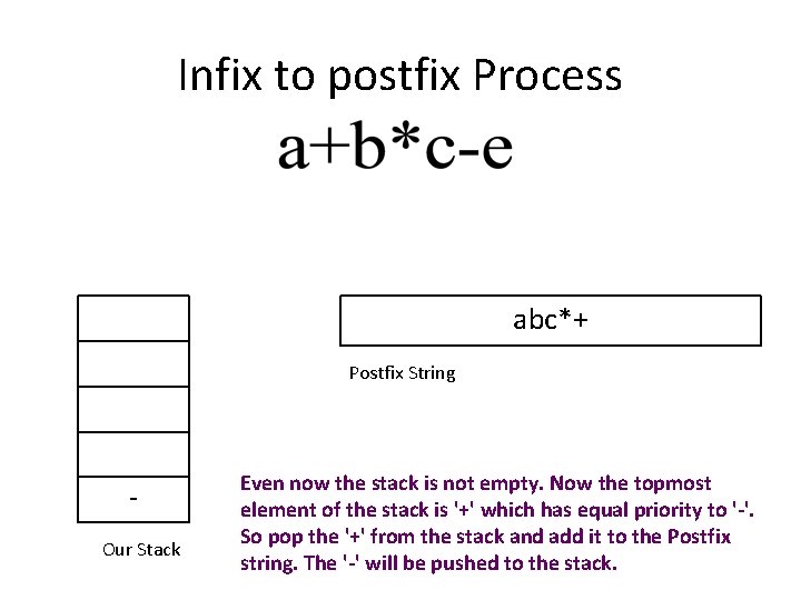 Infix to postfix Process abc*+ Postfix String Our Stack Even now the stack is