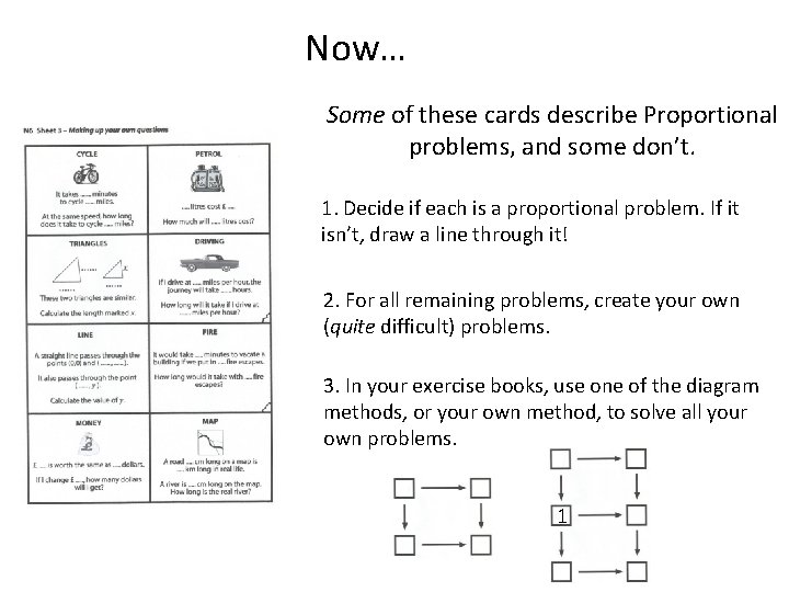 Now… Some of these cards describe Proportional problems, and some don’t. 1. Decide if